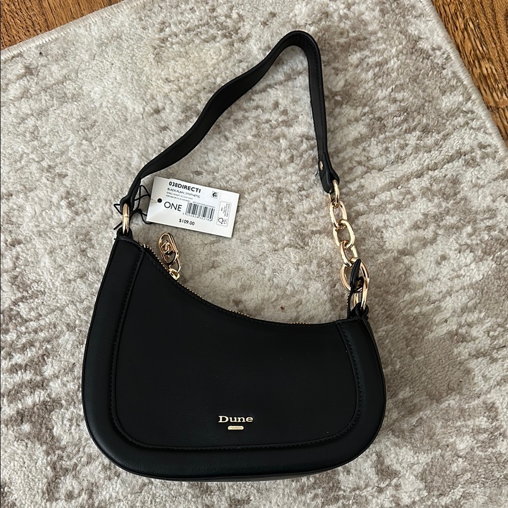 Dune London Black Synthetic Leather Shoulder Bag with Gold Chain Detail